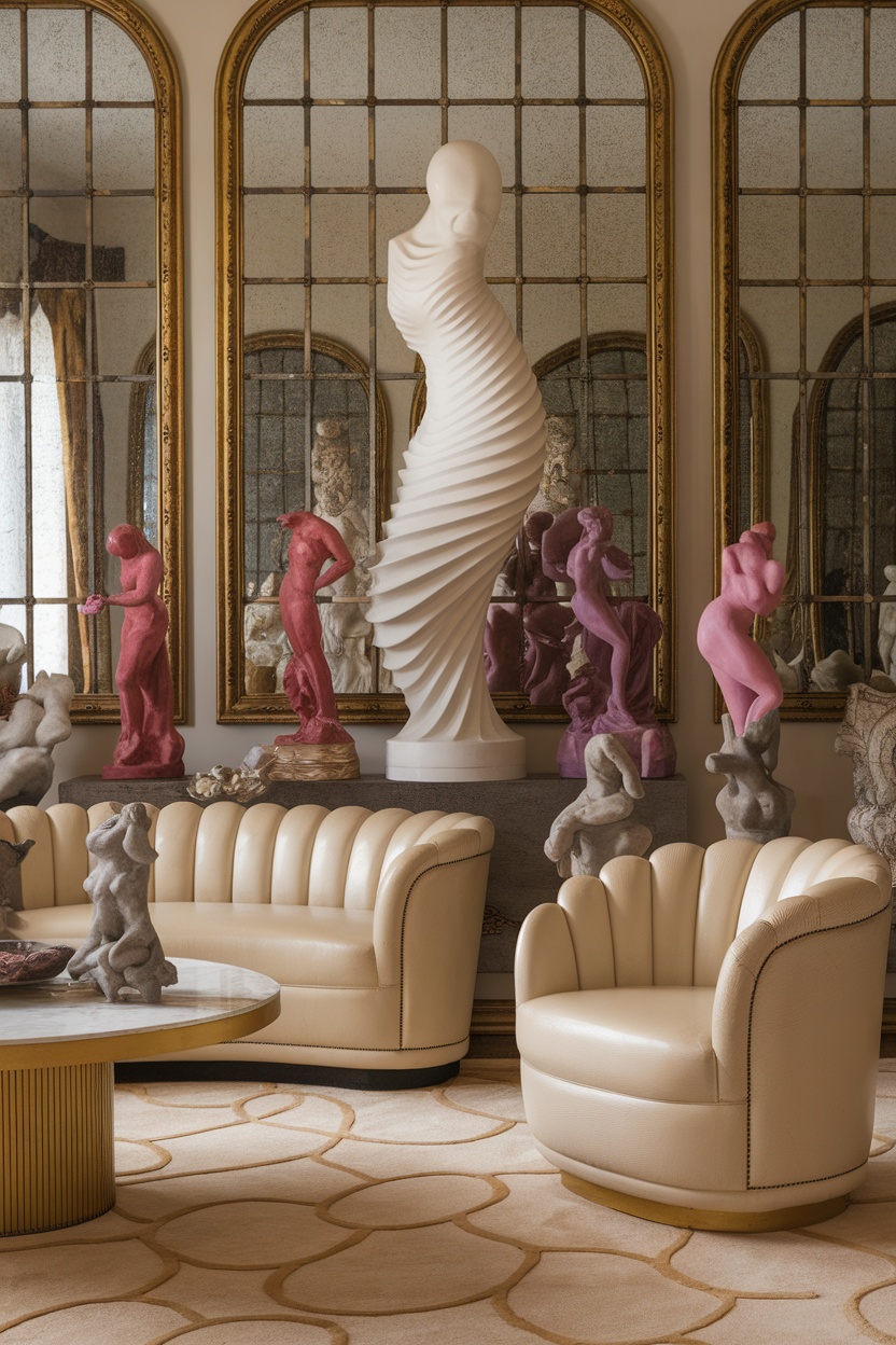 A living room featuring sculptural decorative objects, including a large white sculpture and smaller colored figures, with plush seating and ornate mirrors.