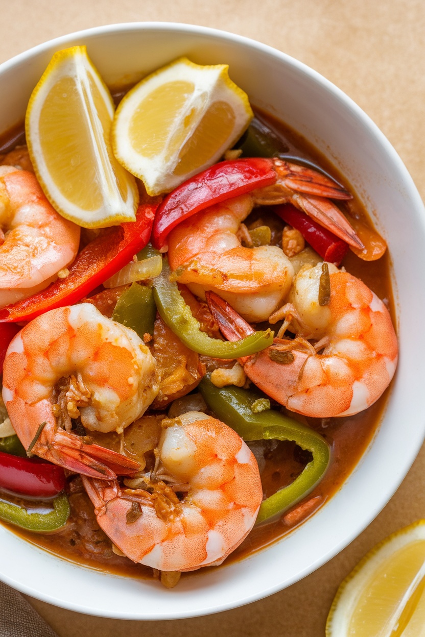 A bowl of shrimp adobo with bell peppers and lemon slices