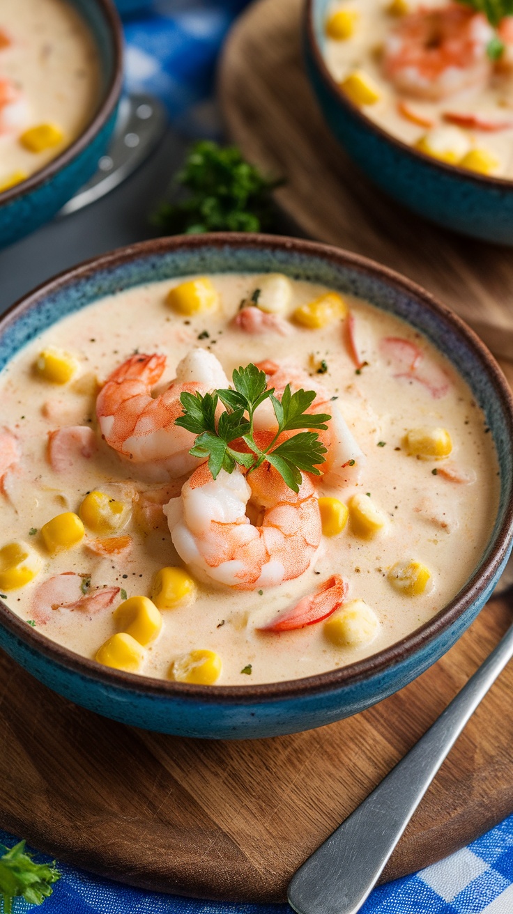 A delicious bowl of seafood chowder with corn, featuring shrimp and served with a sprinkle of parsley.