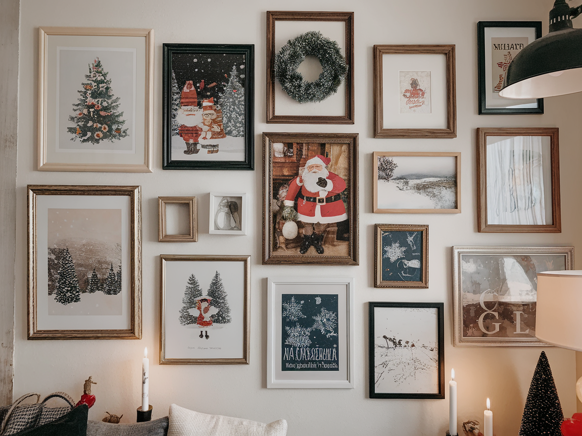 Wall decorated with a variety of seasonal artwork, including Christmas-themed prints and a wreath.