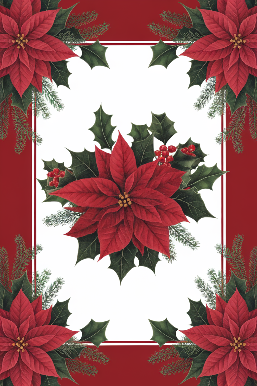 A festive floral arrangement featuring red poinsettias and green foliage on a red background.