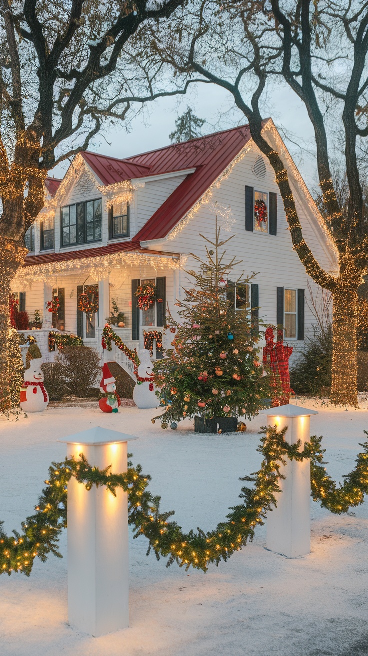 A beautifully decorated house for winter, adorned with lights and festive decorations.