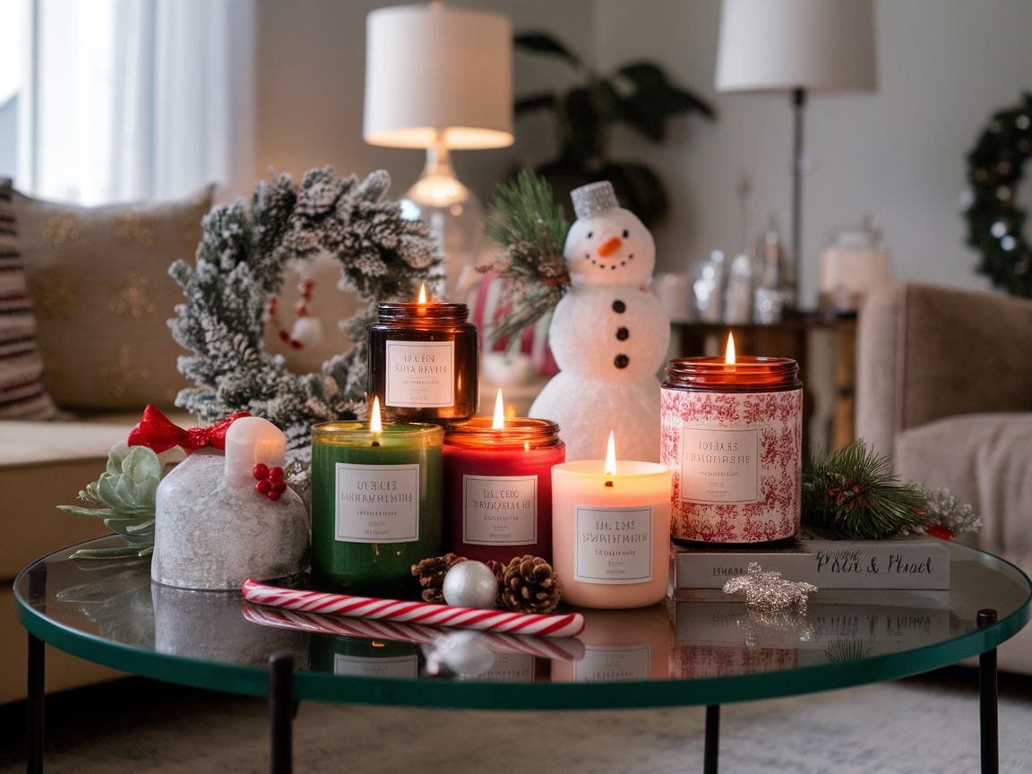 A display of seasonal scented candles on a coffee table, surrounded by winter decorations.