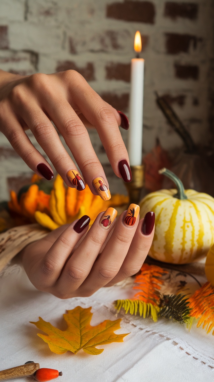 Dark cherry red nails with autumn-themed designs featuring pumpkins, set against seasonal decorations.