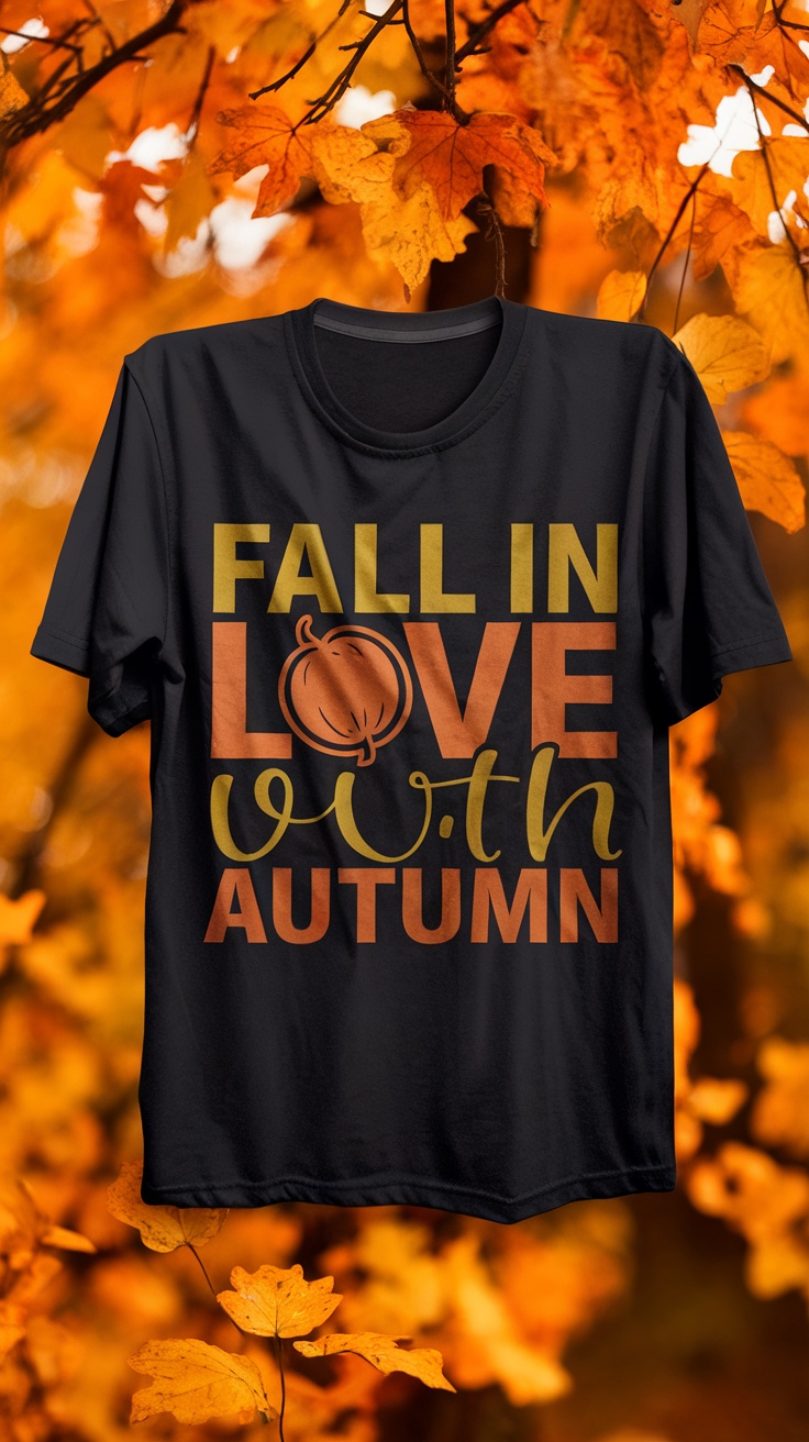 A black t-shirt with the text 'Fall in Love with Autumn' and a pumpkin graphic, set against a backdrop of orange autumn leaves.