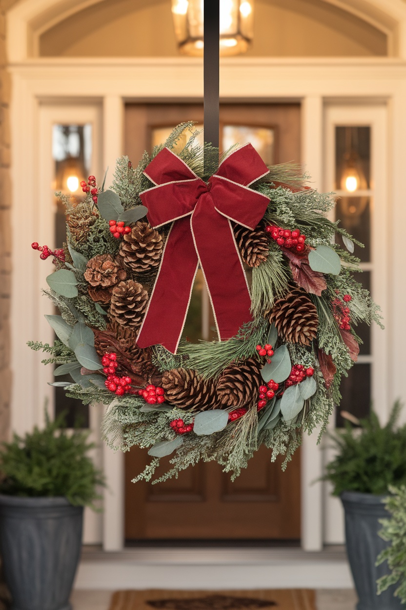 Seasonal wreath with pinecones, red berries, and a burgundy bow hanging on a front door.