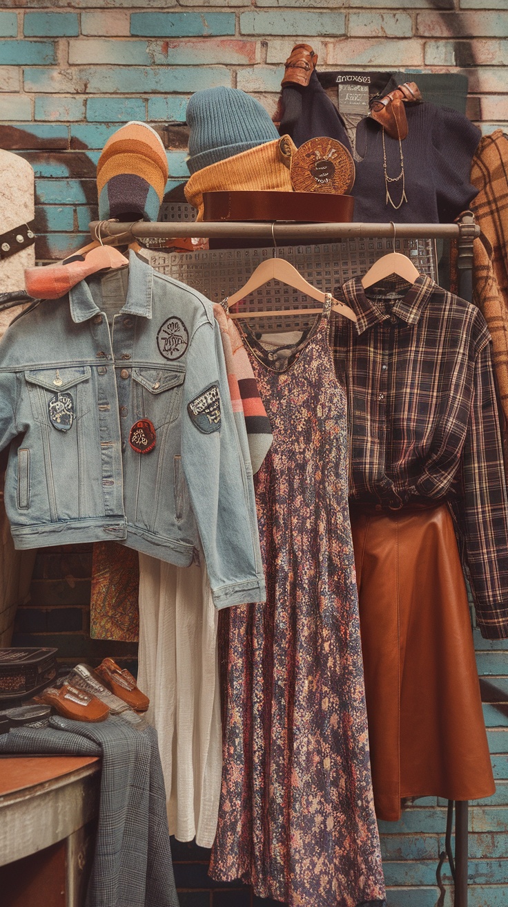 A collection of vintage clothing including a denim jacket, floral dress, plaid shirt, and accessories displayed in a stylish manner.