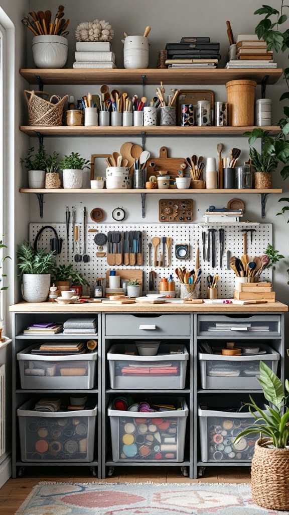 A well-organized craft corner with modular storage solutions, featuring open shelves, colorful bins, and plants.