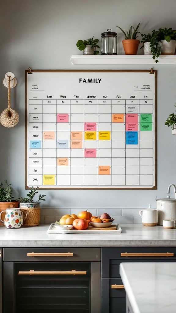 A family calendar displayed in a kitchen, featuring colorful blocks for scheduling activities, with fruits on the countertop.