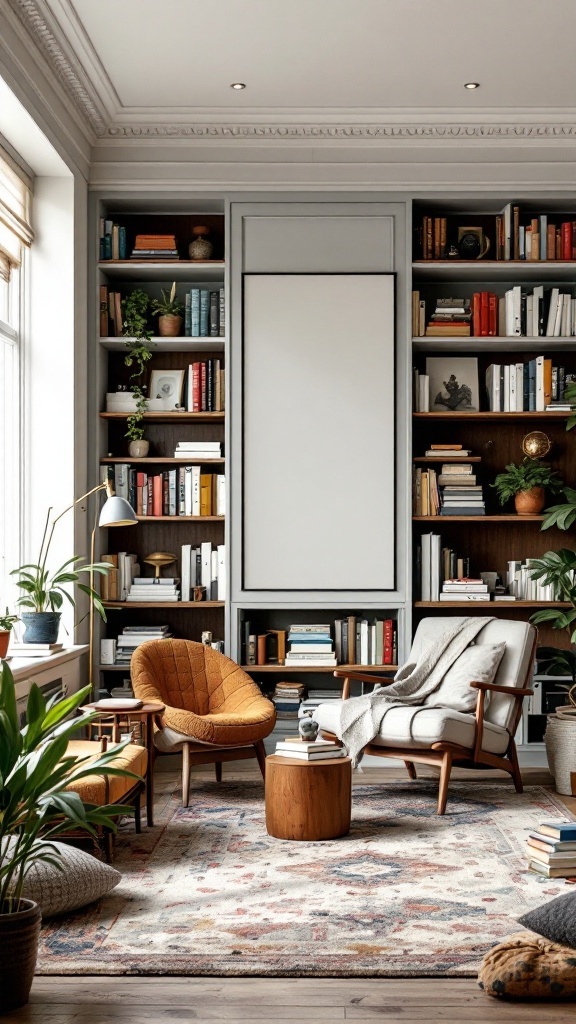 A cozy home library with warm-colored seating and organized bookshelves, featuring plants and a small side table.