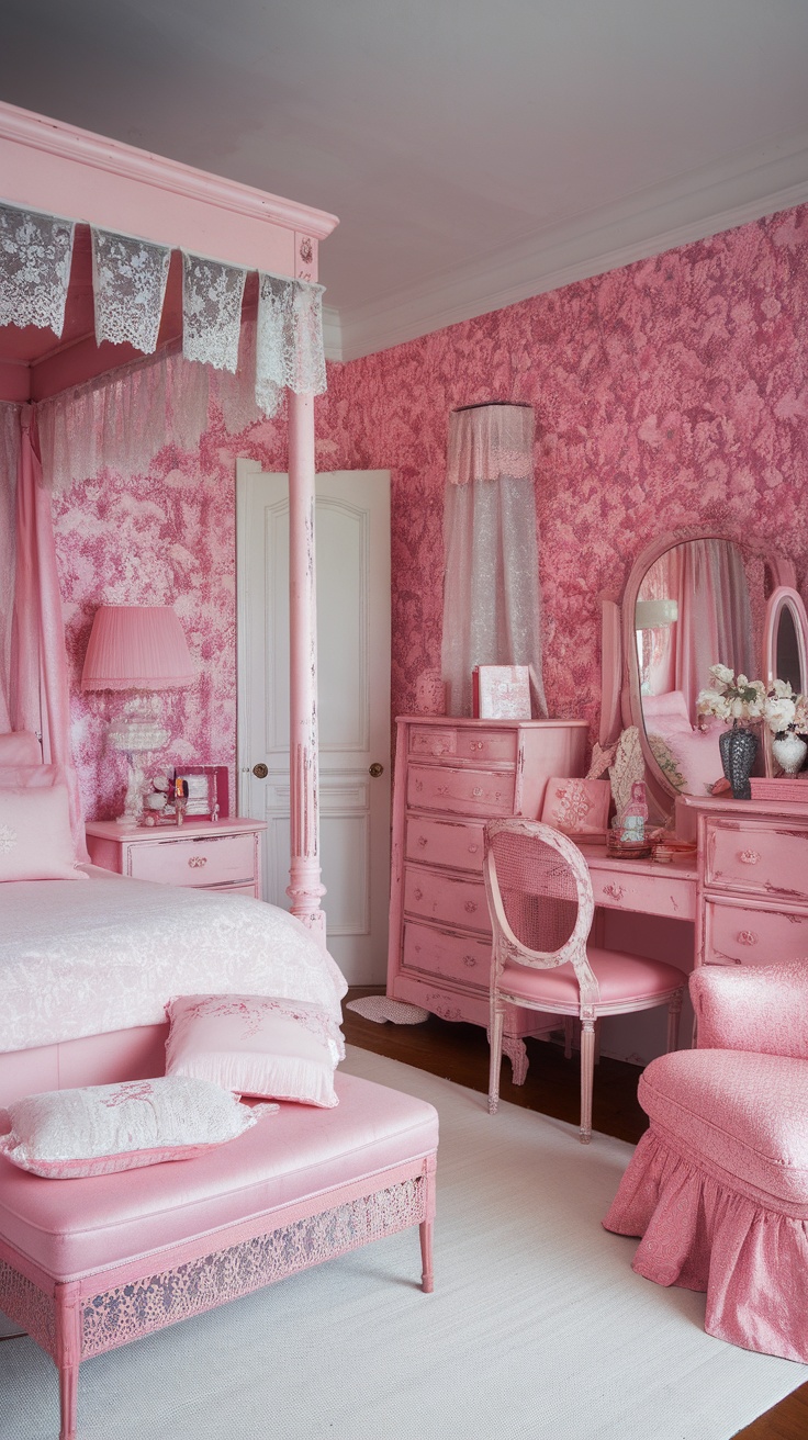 A shabby chic pink bedroom featuring floral walls, a four-poster bed, vintage furniture, and lace accents.