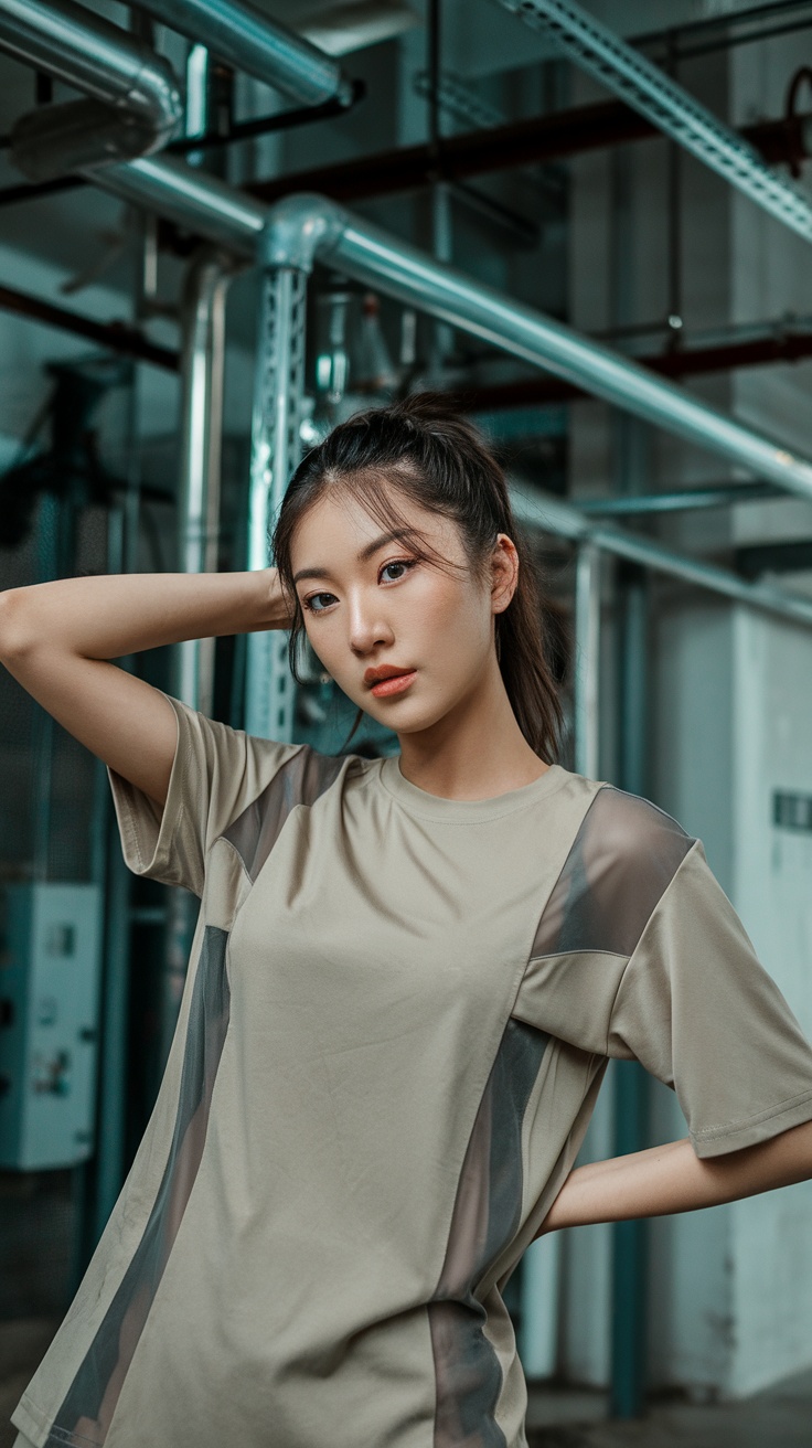 A woman wearing a trendy T-shirt with sheer panels, posing confidently indoors