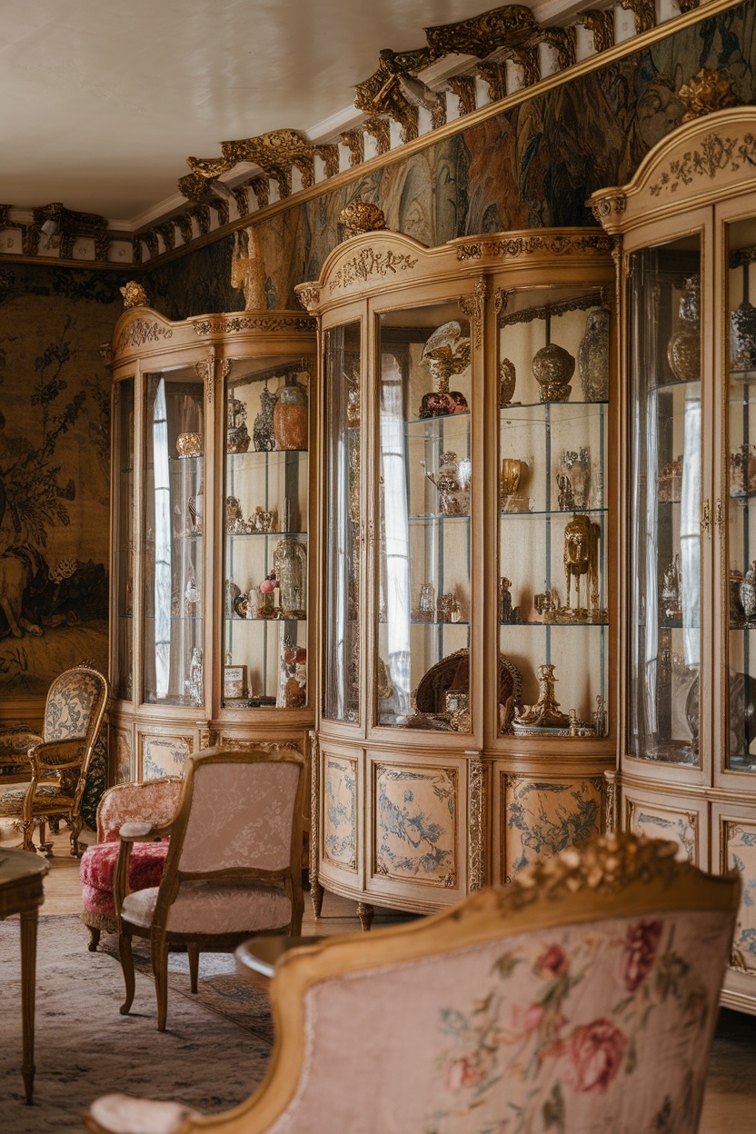 A beautifully decorated living room featuring display cabinets with glassware and ornate chairs, reflecting Rococo Revival style.