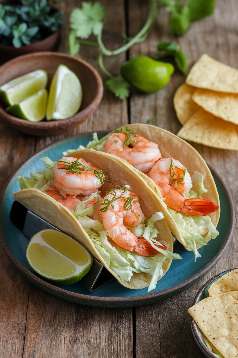 Shrimp tacos with cabbage slaw served with lime wedges