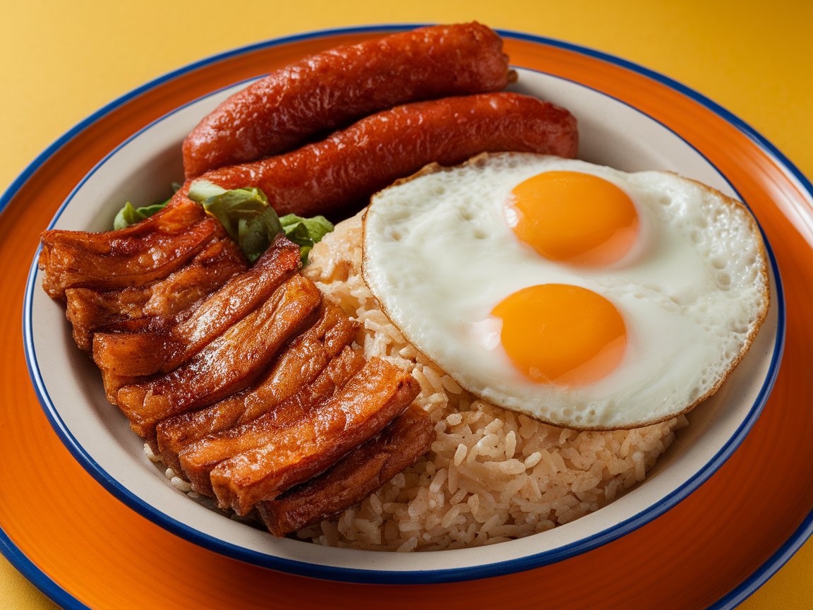 A vibrant silog breakfast bowl with garlic rice, two fried eggs, crispy pork, and sausage.