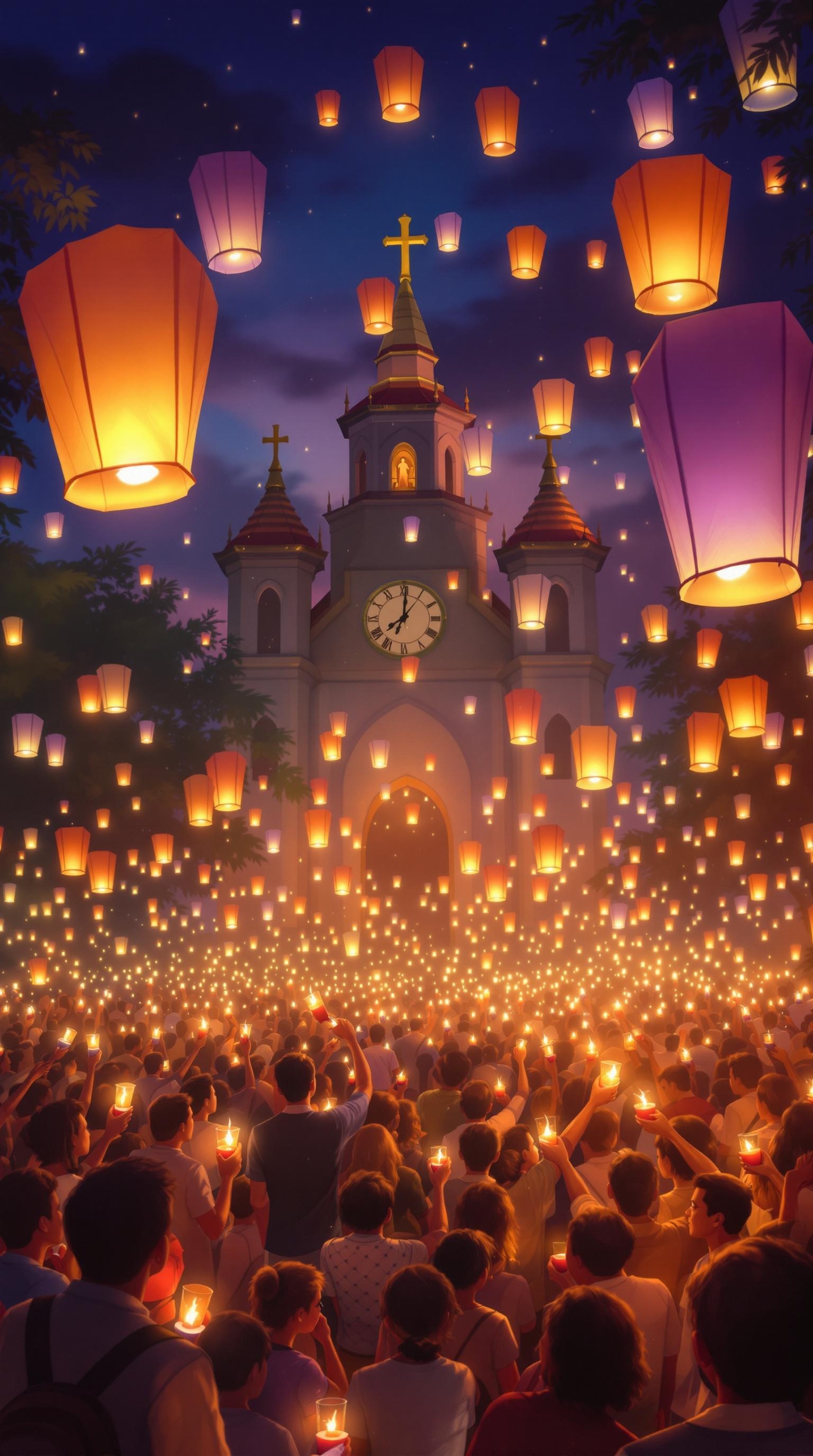 A festive scene of a Simbang Gabi celebration with a church in the background, surrounded by lights and a crowd holding candles.