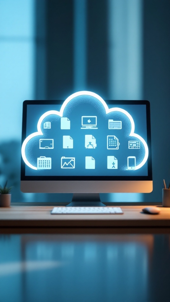 A computer screen displaying a cloud storage interface with various document icons.