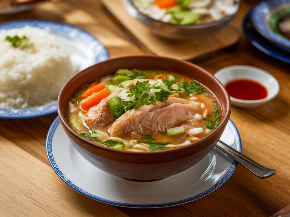 A bowl of Sinigang na Baboy, a savory pork soup with vegetables, served with rice on the side.