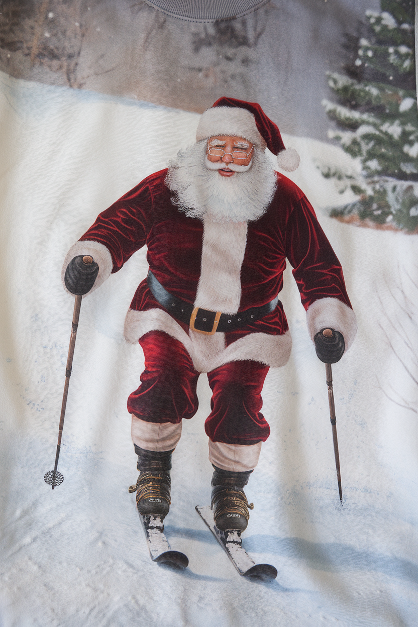 Santa Claus skiing in a snowy landscape, wearing a red suit and white beard.