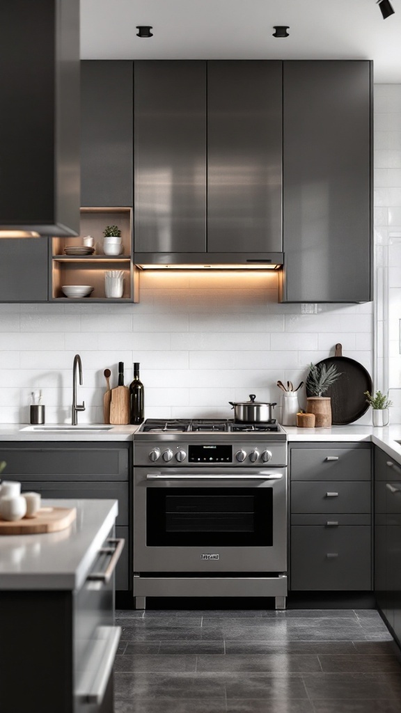 Modern kitchen design featuring sleek appliances and dark cabinetry