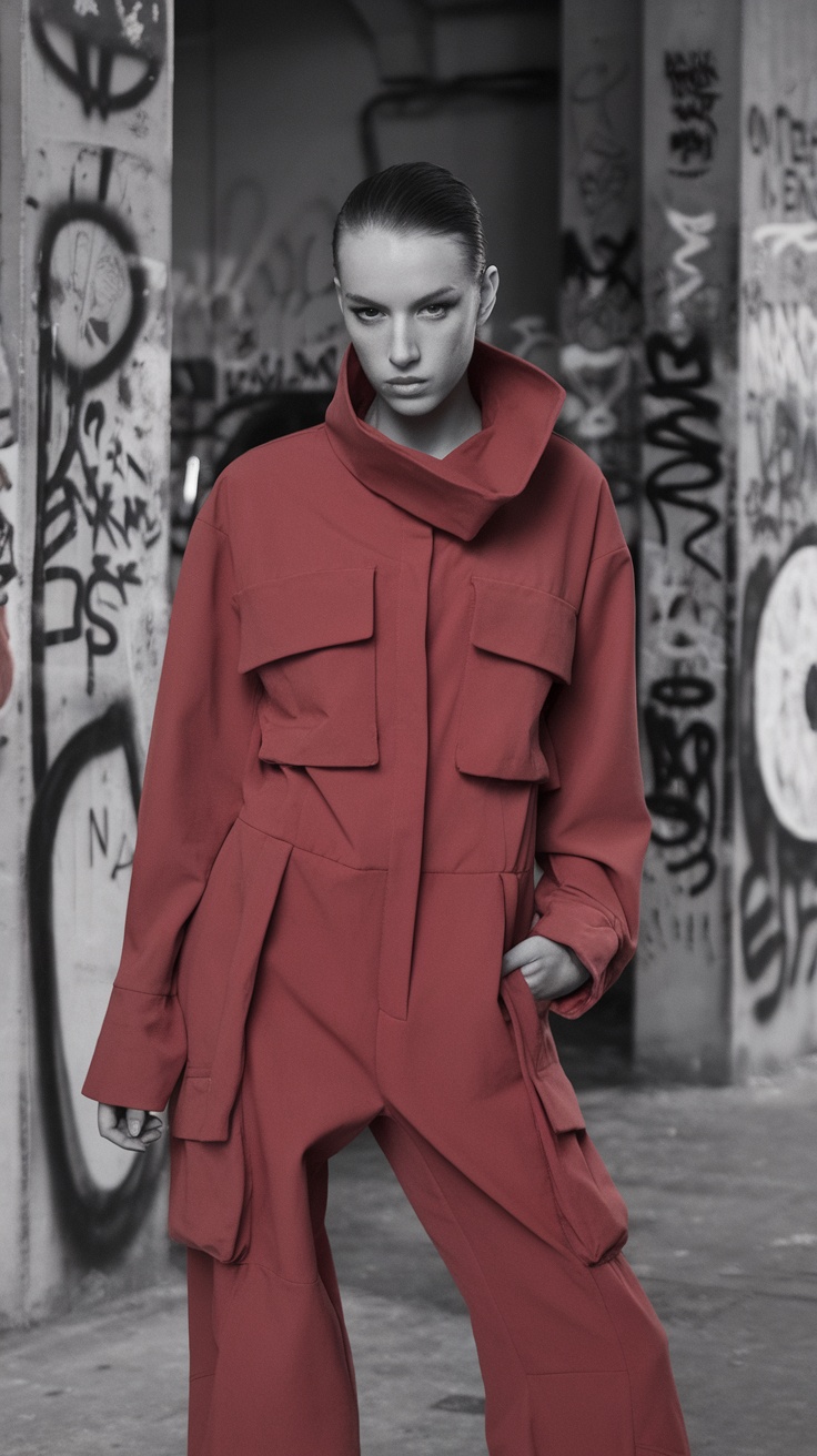 A model wearing a sleek cherry red jumpsuit in an urban setting with graffiti in the background