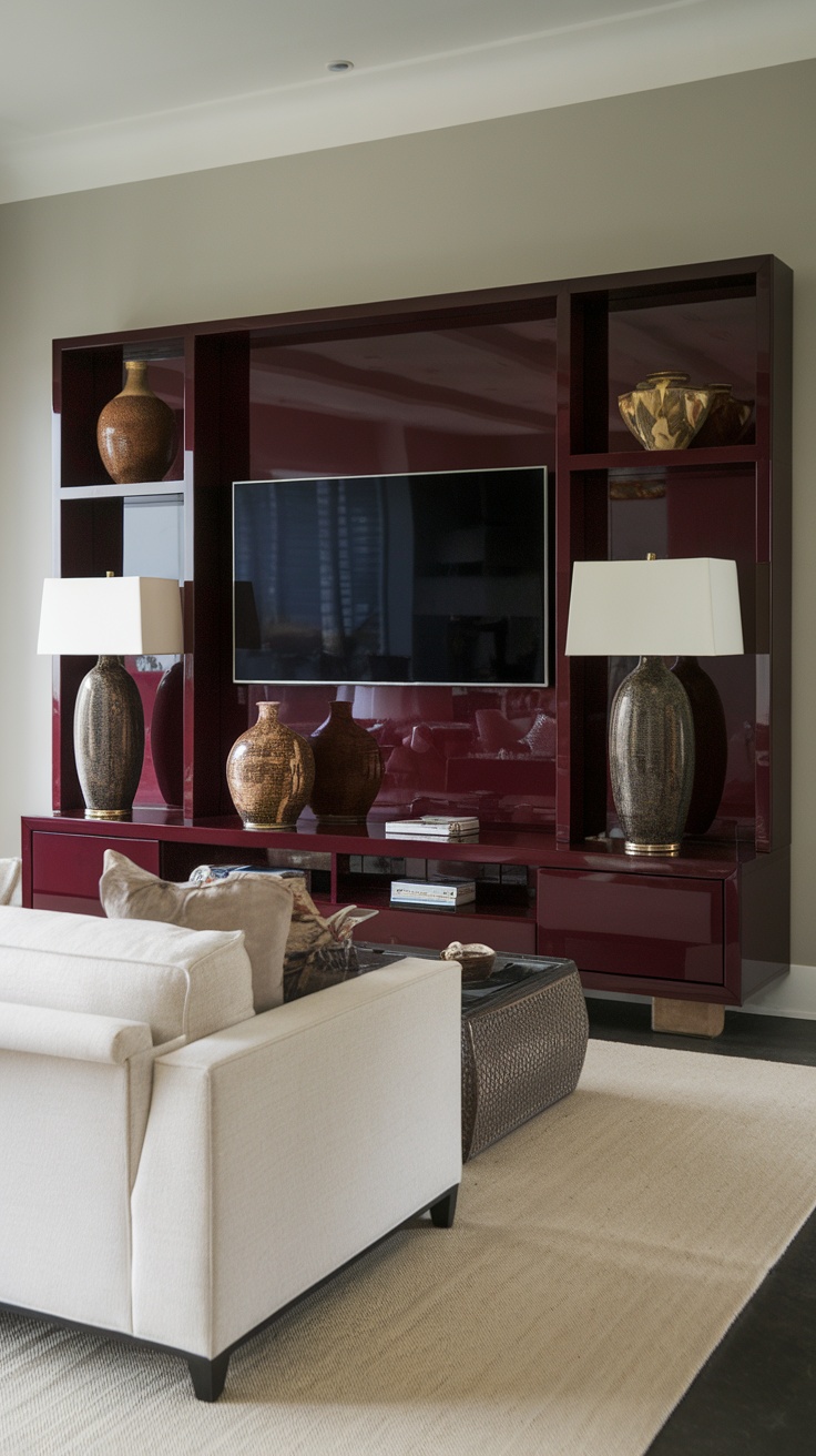 A modern dark cherry red media unit with a TV and decorative vases.