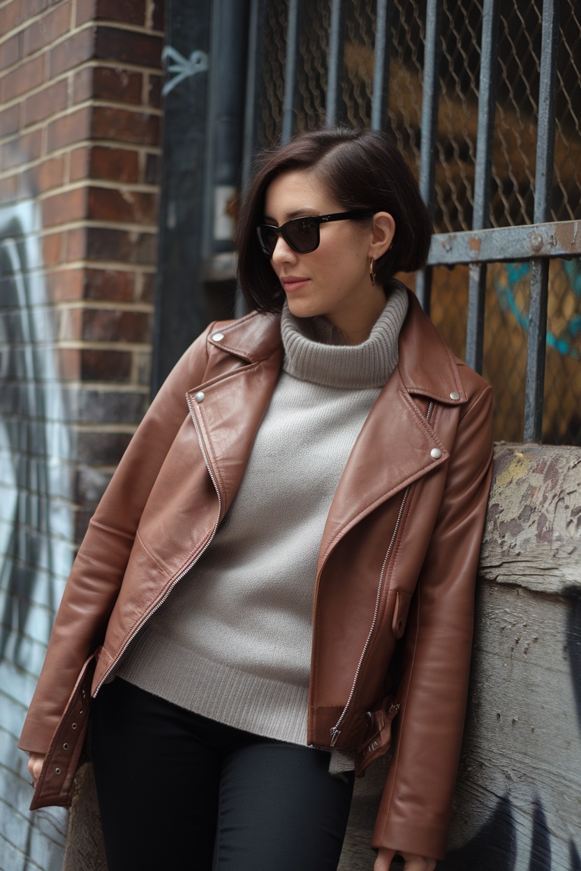 Woman wearing a sleek leather jacket and a cashmere sweater, standing near a graffiti wall