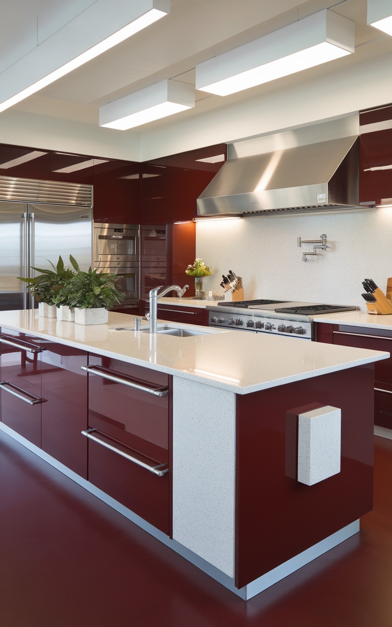 A modern kitchen with sleek dark cherry red cabinets, bright countertops, and stainless steel appliances.