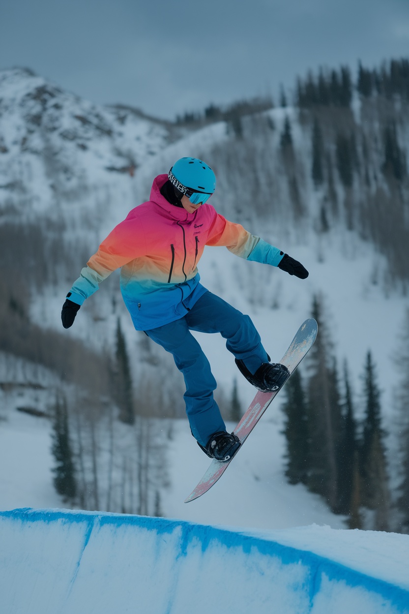 Snowboarder performing a trick in a colorful jacket and blue pants