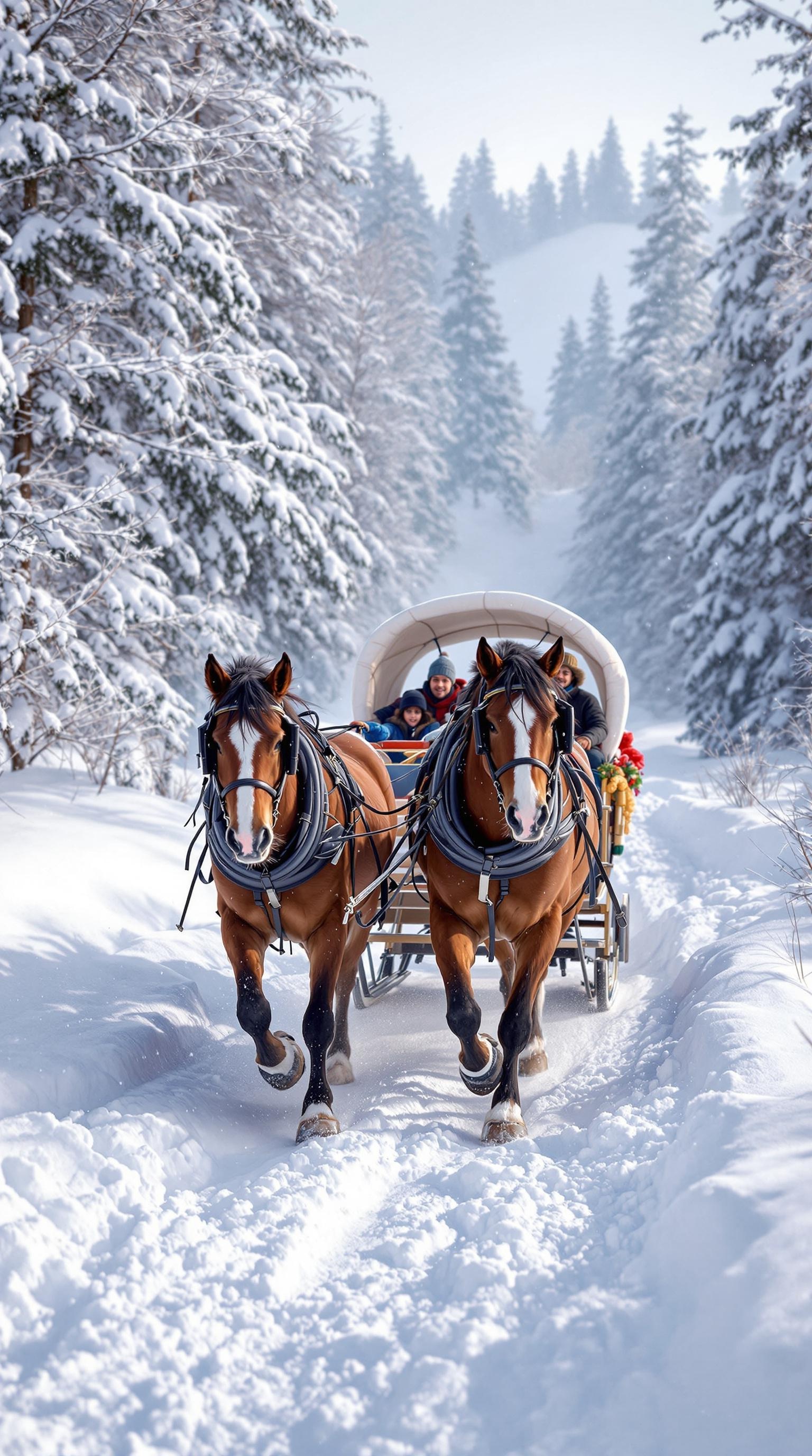 A sleigh pulled by two horses traveling through a snowy forest.