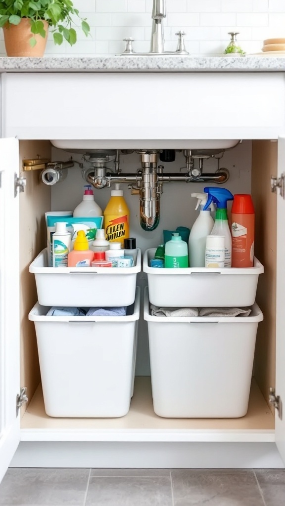 Organized under-sink storage with sliding bins holding cleaning supplies.