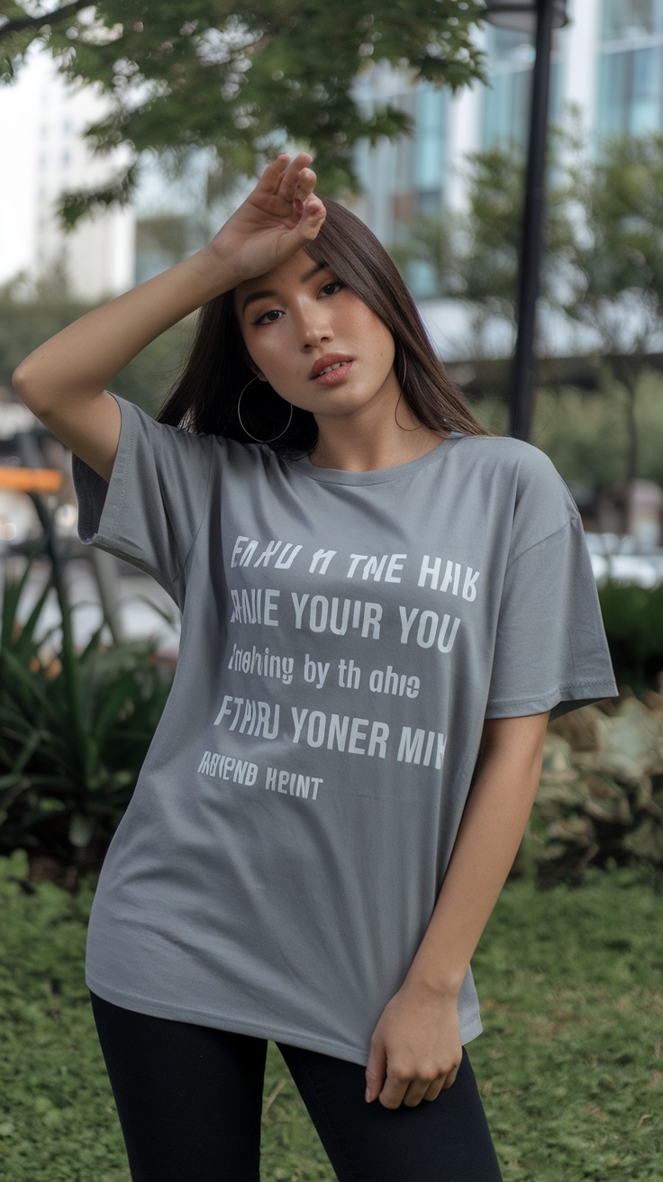 Woman wearing a grey slogan t-shirt in an urban setting