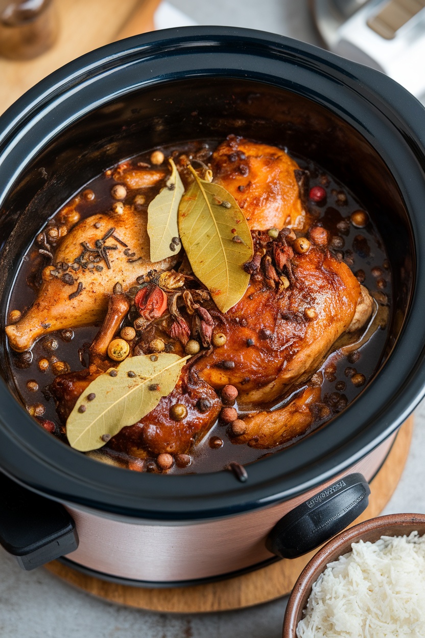 Delicious slow cooker adobo with chicken and spices.