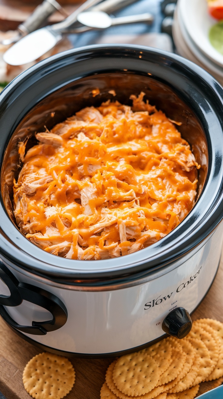 A creamy, cheesy buffalo chicken dip in a slow cooker, surrounded by crackers.