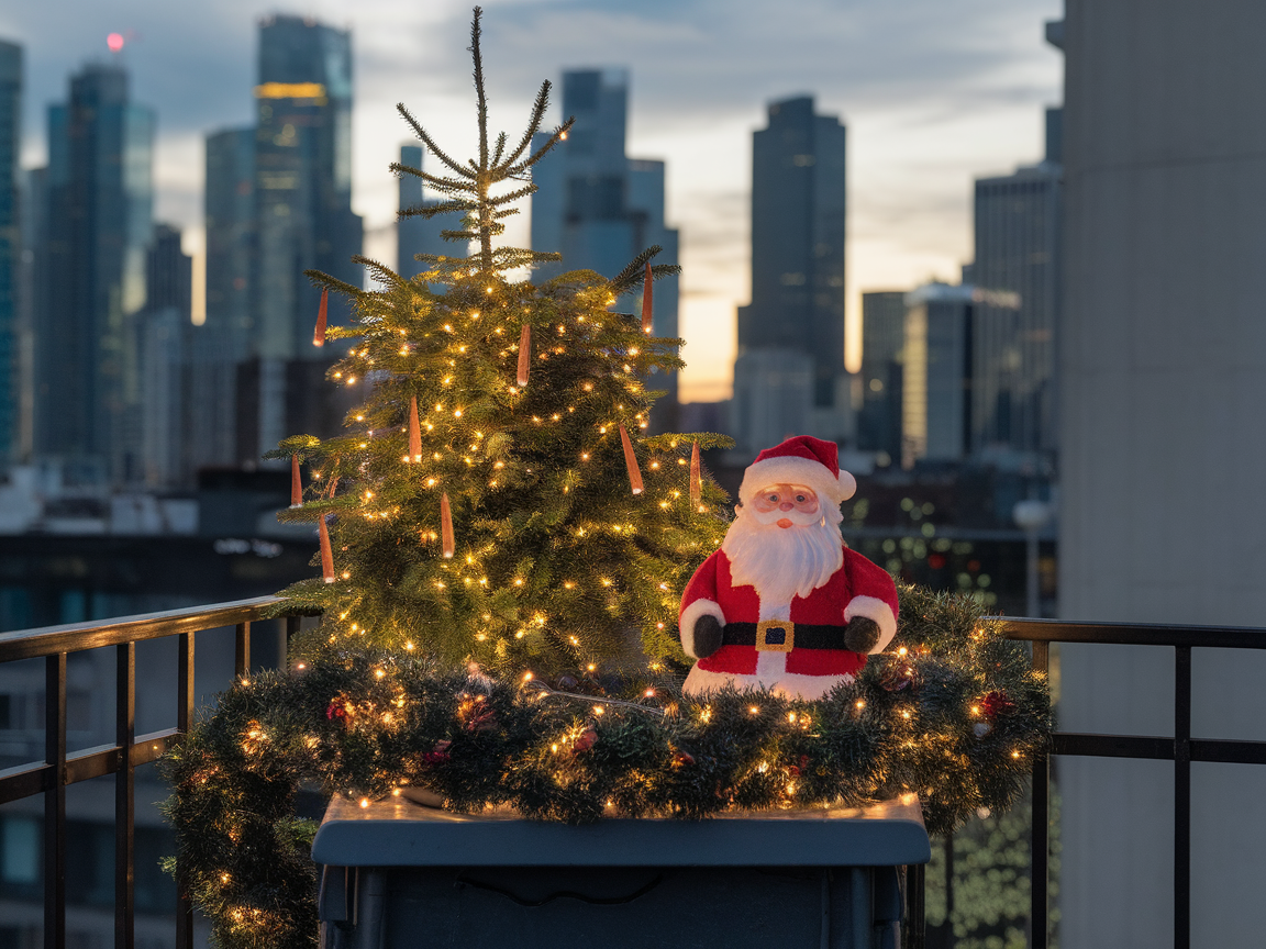 A decorated Christmas tree with lights and a Santa figure on a balcony overlooking a city skyline.