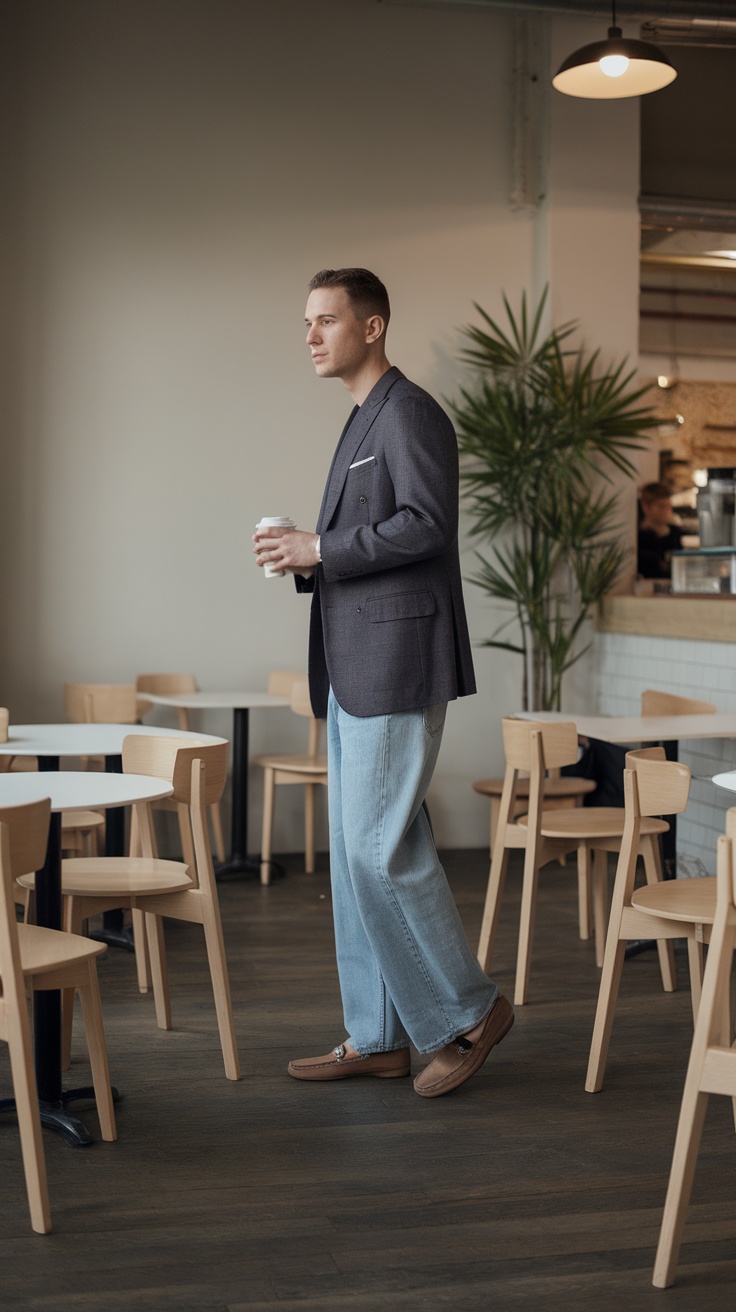 Man in a tailored blazer and baggy jeans holding a coffee cup in a café