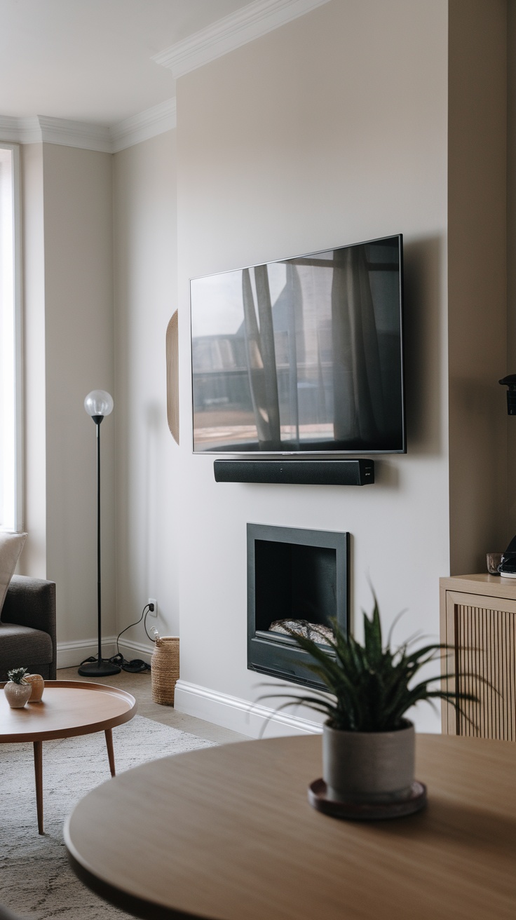 A modern living room showcasing a wall-mounted TV, soundbar, and stylish decor.