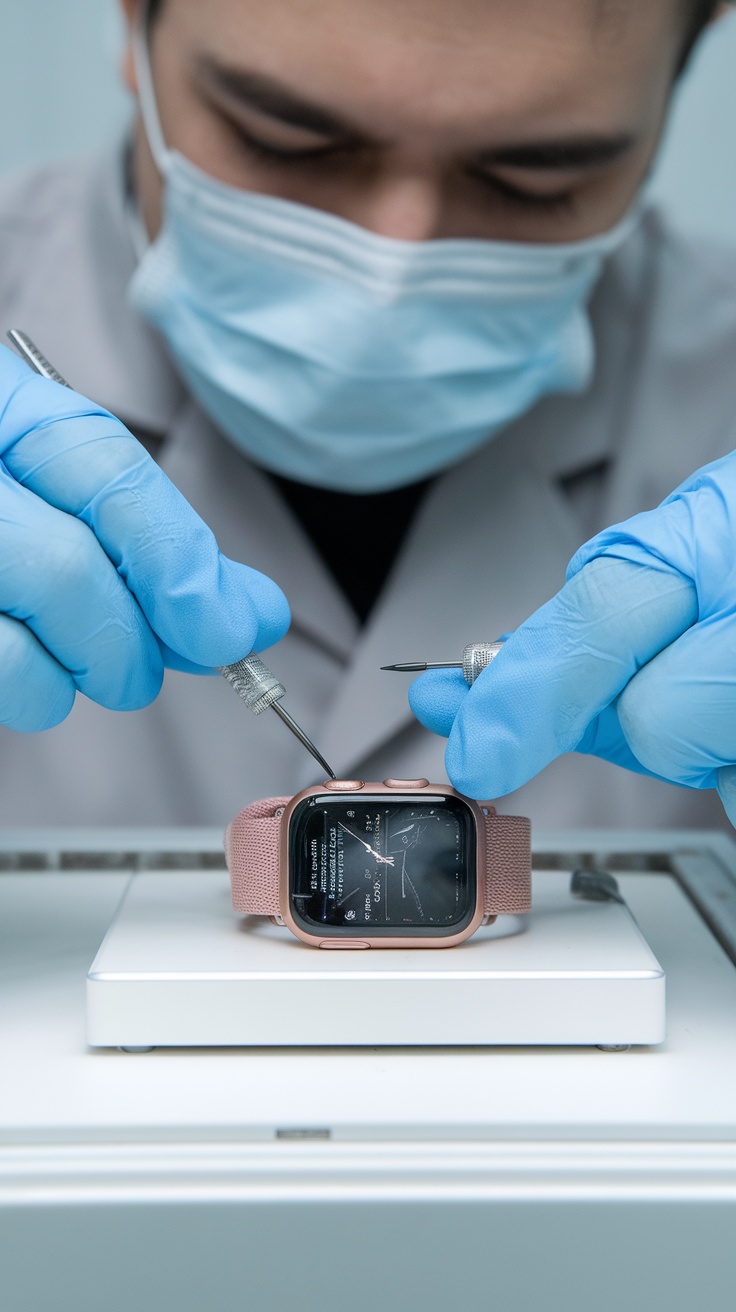 Technician replacing a smartwatch battery with precision tools