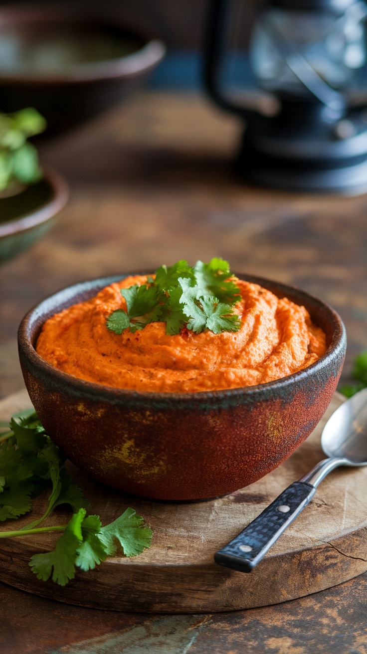 A bowl of smoky chipotle buffalo chicken dip garnished with fresh cilantro.