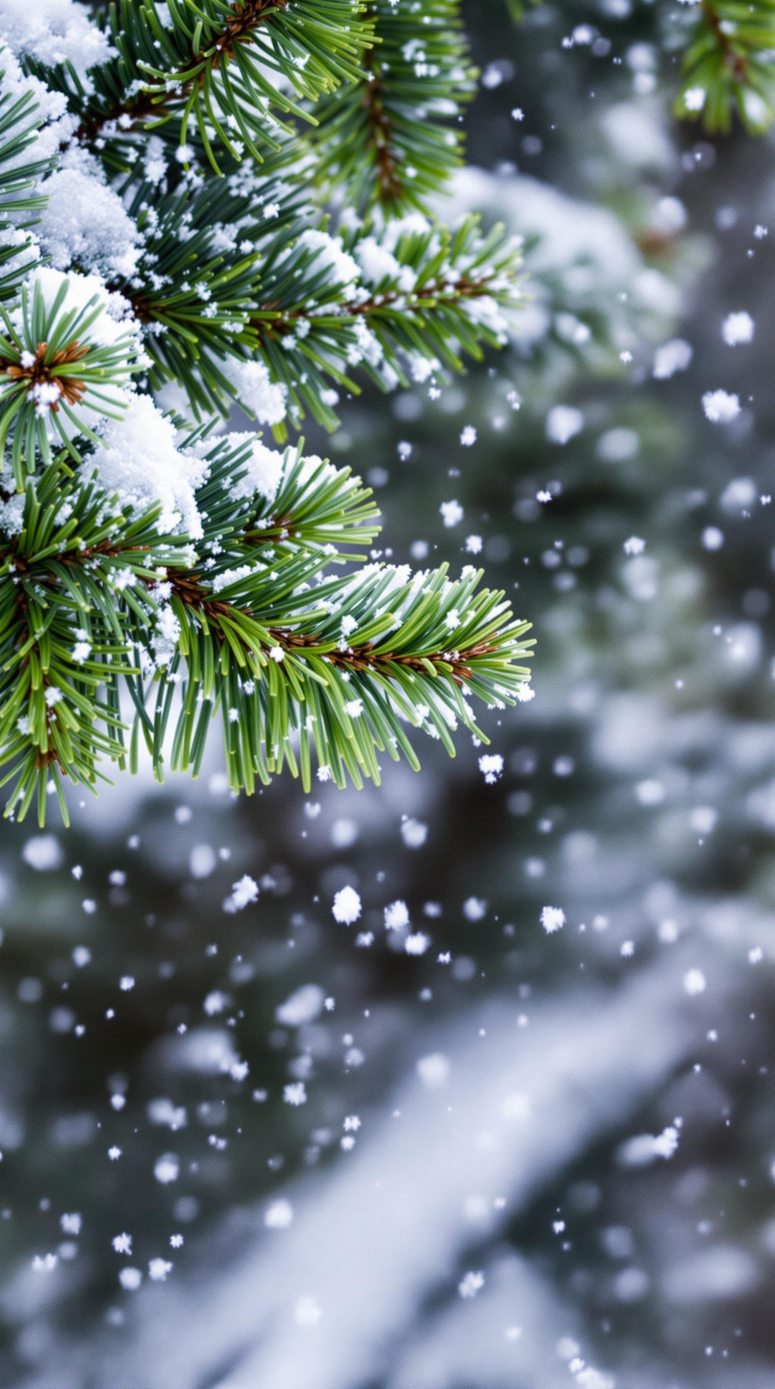 Close-up of a pine tree branch with snowflakes falling around it.