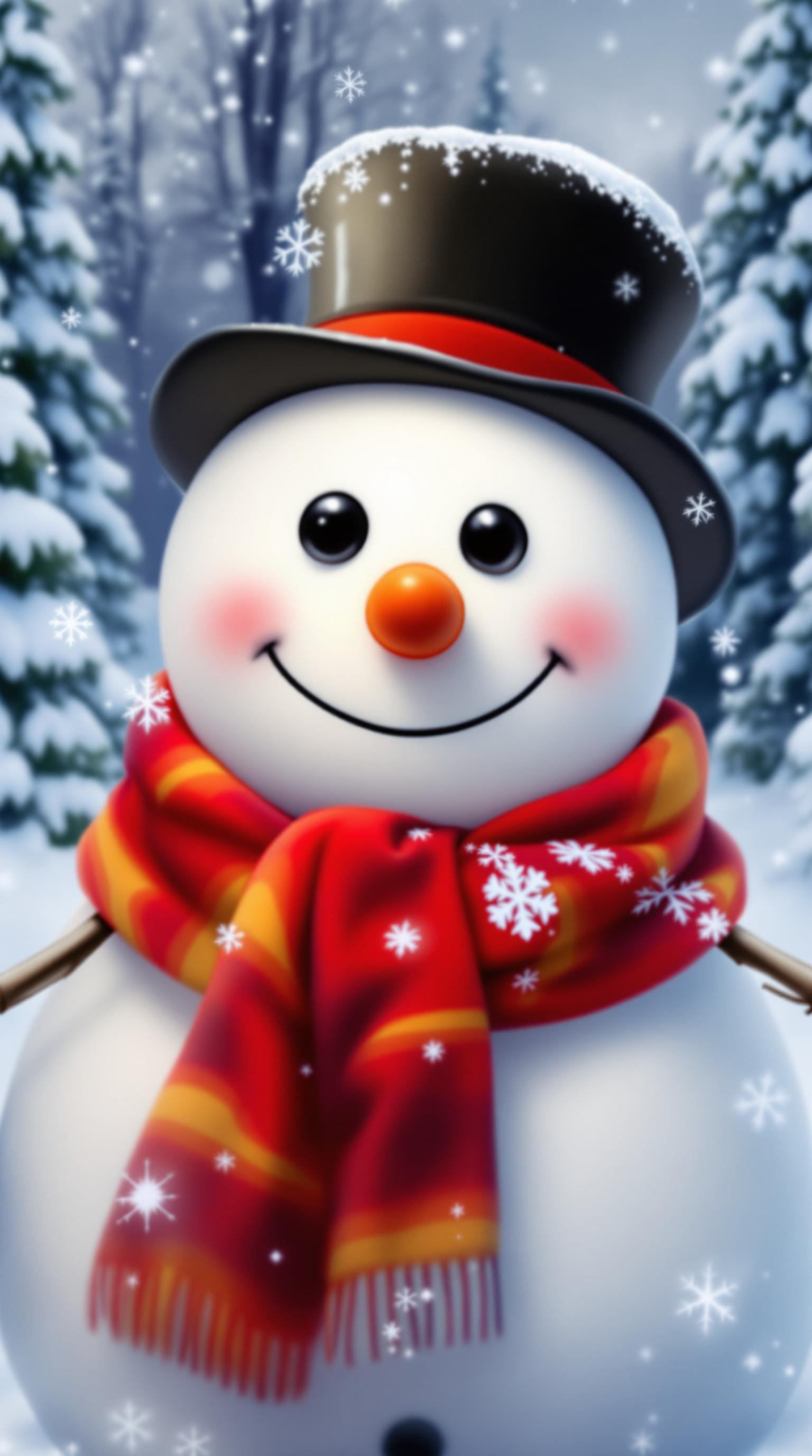 A cheerful snowman wearing a hat and colorful scarf in a snowy landscape