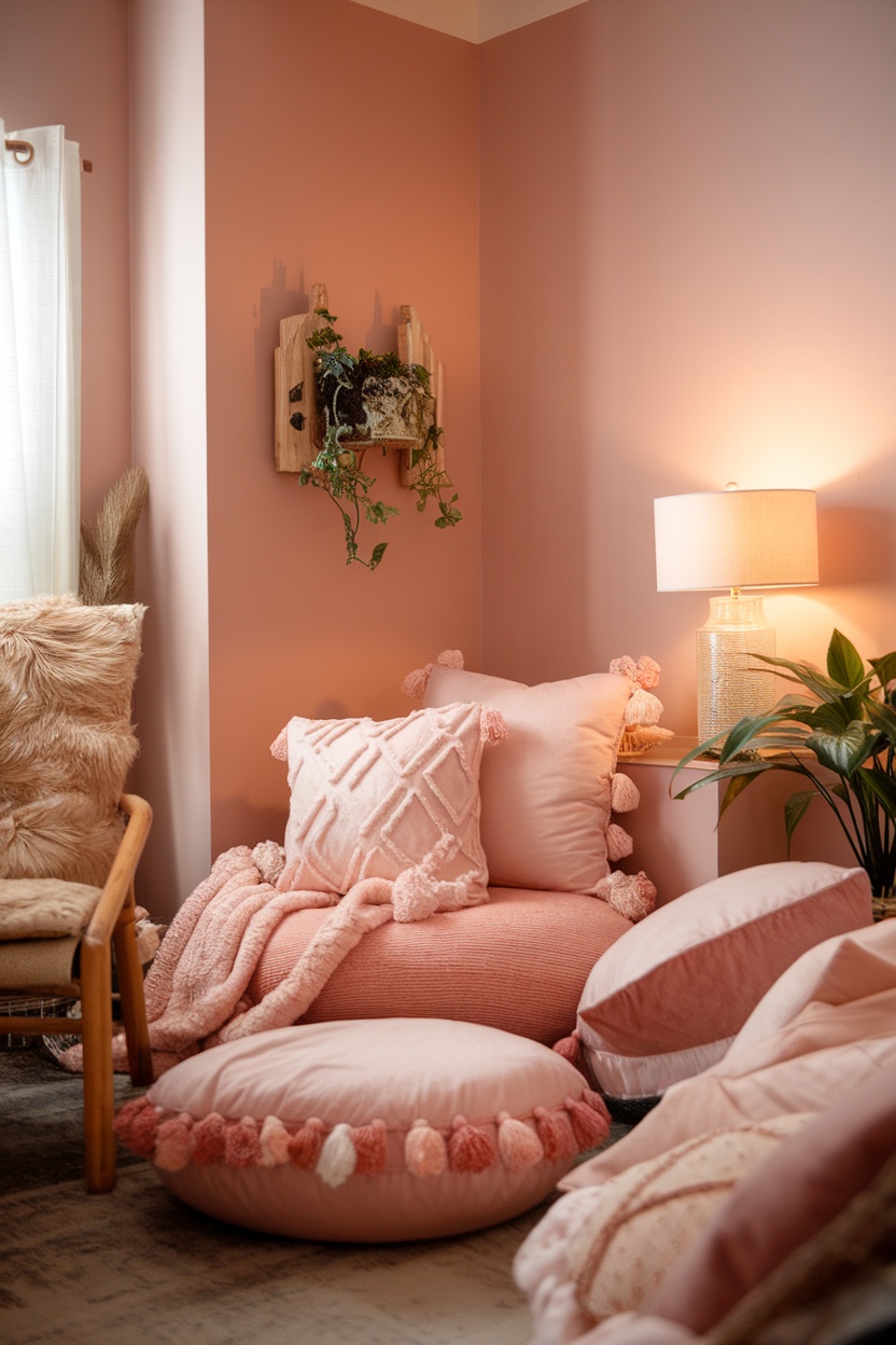 A cozy corner with soft blush walls, plush pillows, and a warm lamp