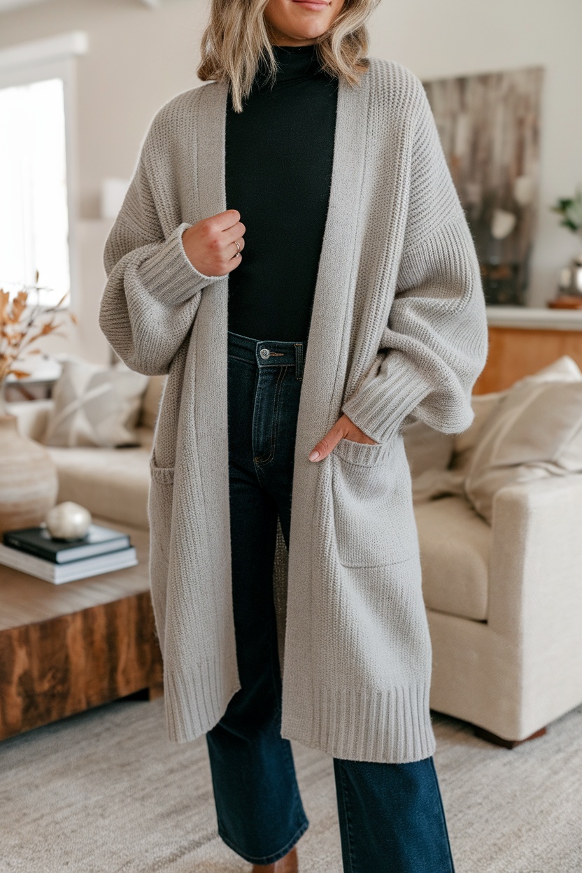 A woman wearing a soft gray cardigan over a black top, standing in a cozy living room.