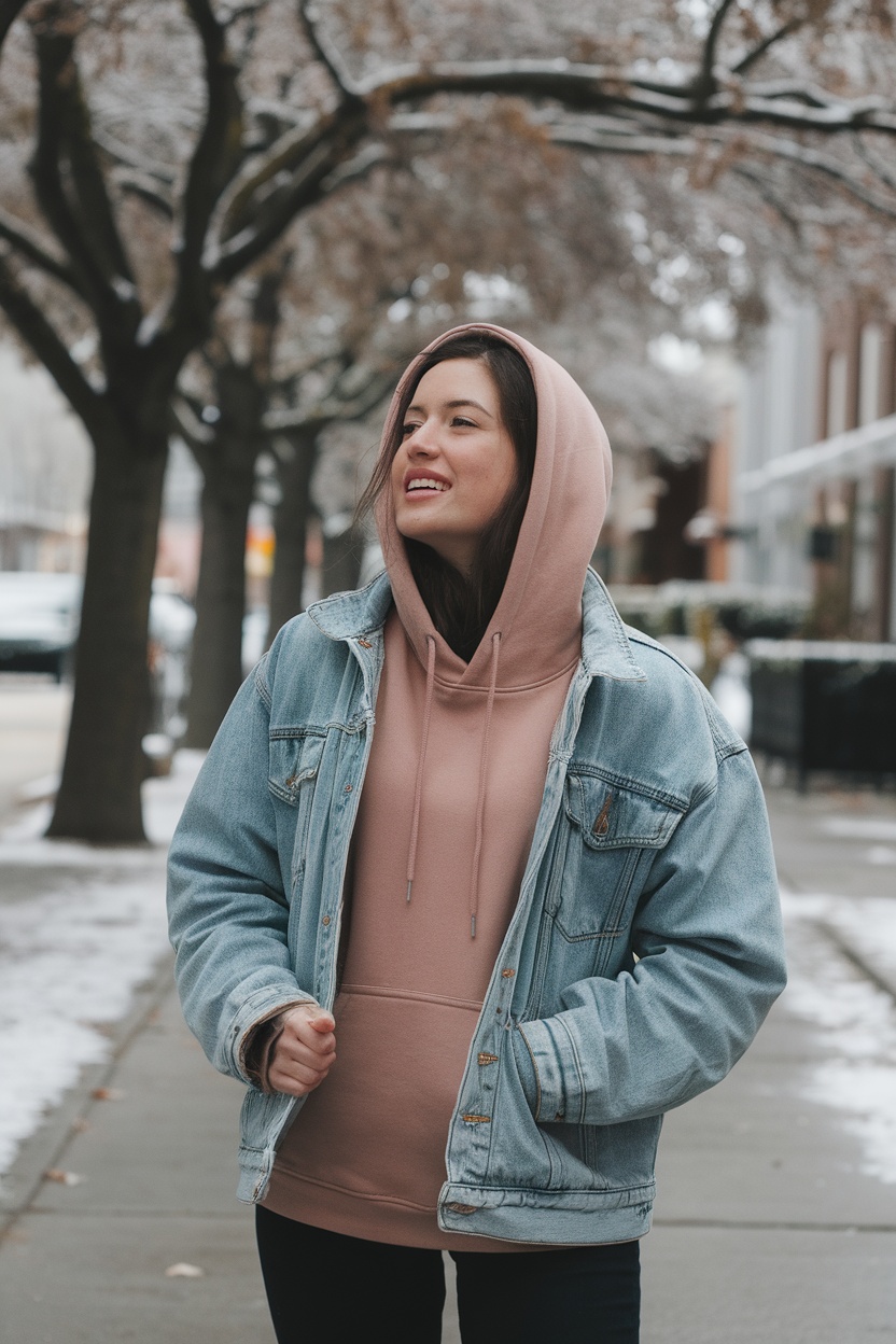 A woman smiling while wearing a soft pink hoodie layered under a denim jacket, standing on a snowy street.