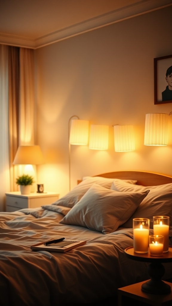 A cozy bedroom with soft lighting from lamps and candles, creating a warm atmosphere