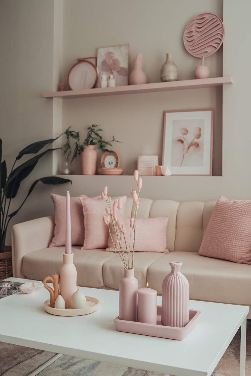 A cozy living room with soft pink accents, featuring a light pink couch, pillows, and various pink decor items on a coffee table and shelf.