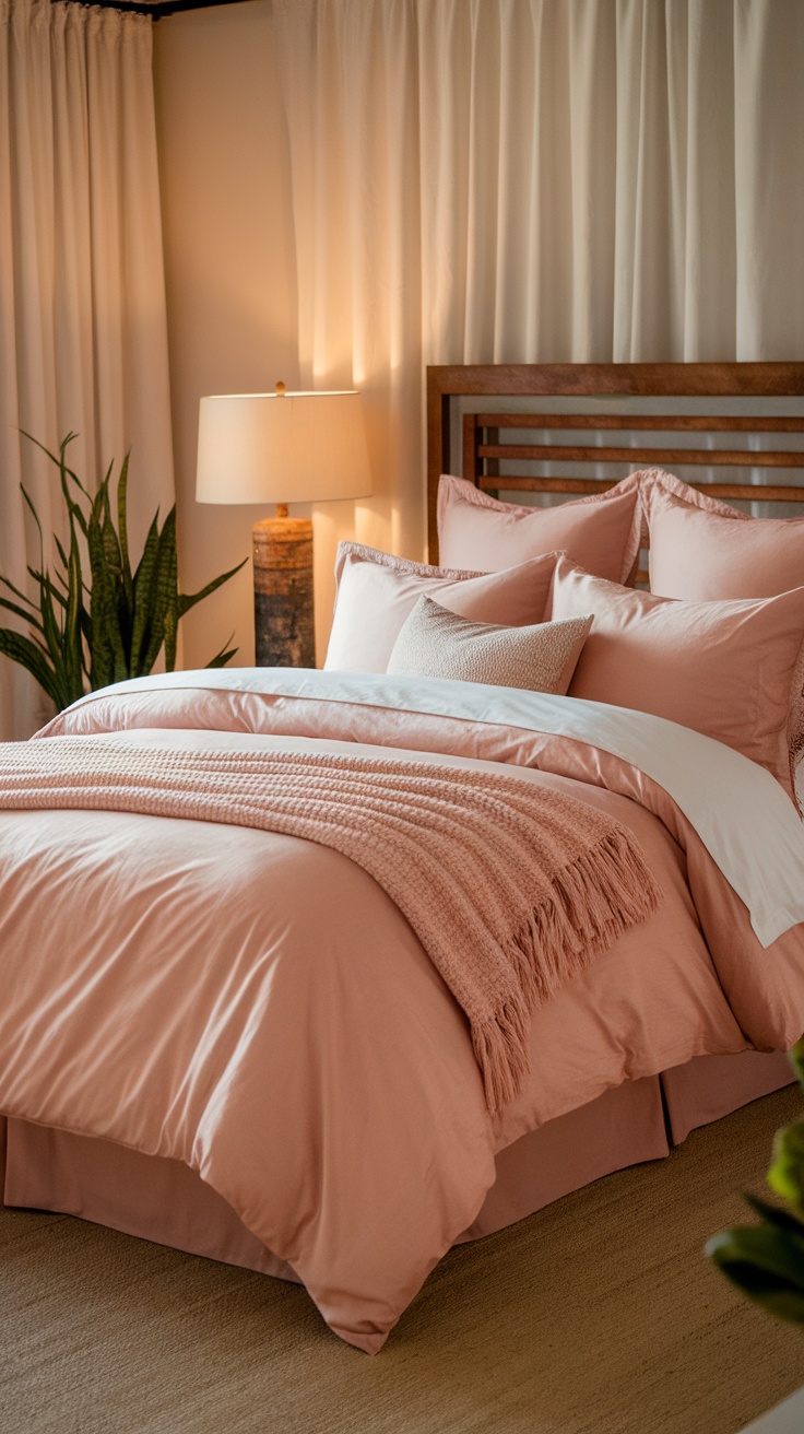 Cozy bedroom with soft pink bedding, white accents, and warm lighting