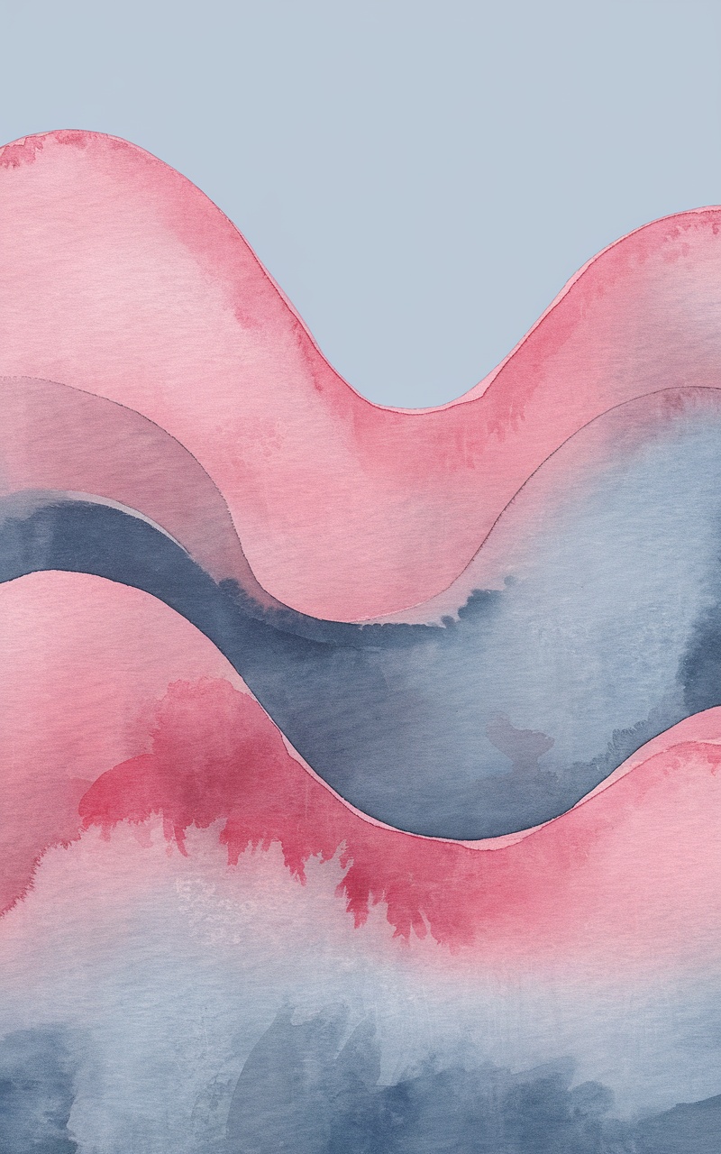 A soft watercolor abstract featuring gentle waves in pink and blue shades.