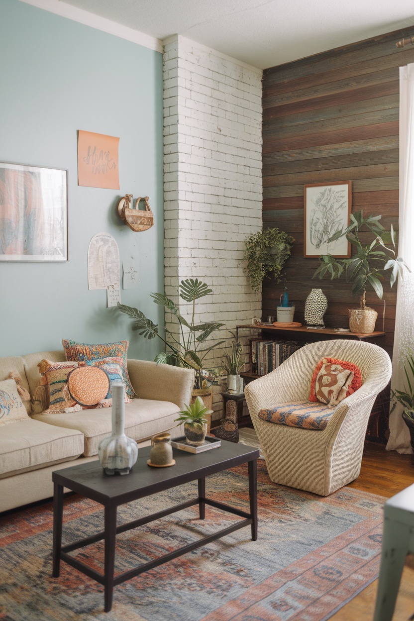 A cozy living room featuring a light blue wall, wooden paneling, a comfortable couch with colorful cushions, and various plants.