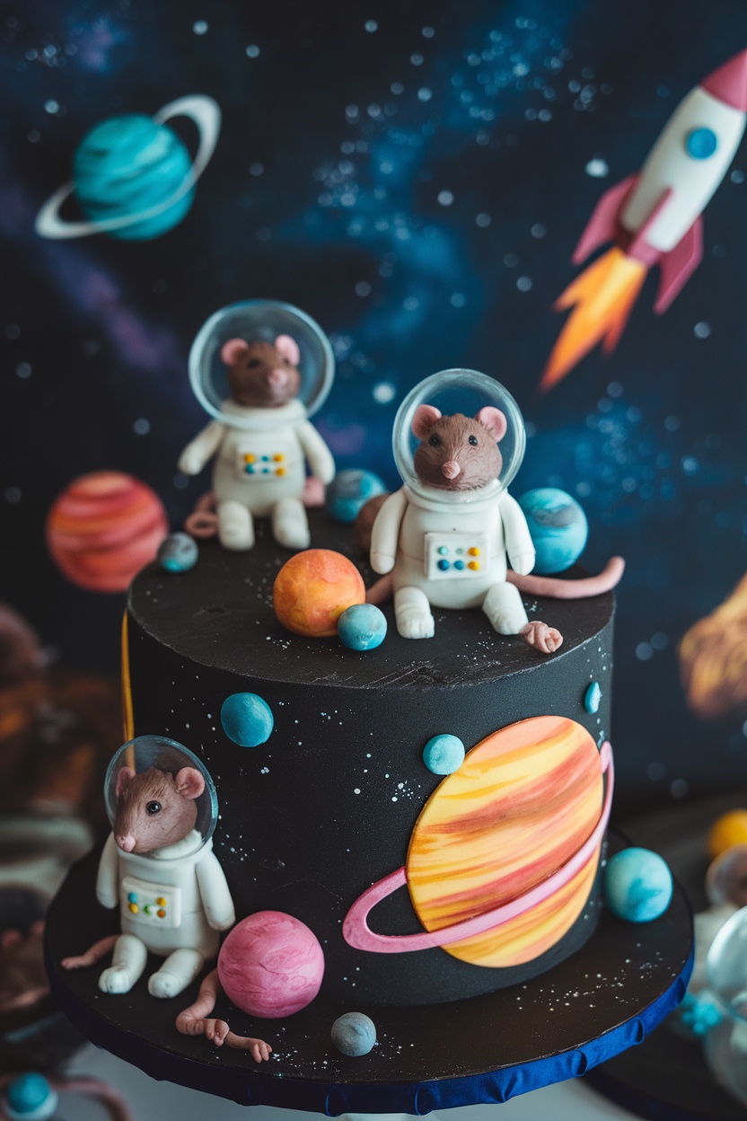 A whimsical cake with rat figurines in space suits, surrounded by colorful planets and stars, set against a dark cosmic background.